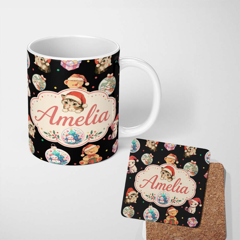 Personalized Custom Name Cute Christmas Cats Teddy Gift Seamless Pattern Custom Name Unique 11oz Ceramic Coffee Tea Mug White Large Handle