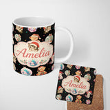 Personalized Custom Name Cute Christmas Cats Teddy Gift Seamless Pattern Custom Name Unique 11oz Ceramic Coffee Tea Mug White Large Handle