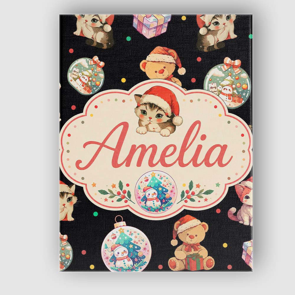 Personalised Name Cute Christmas Cats Teddy Custom  Bespoke Interior Contemporary Canvas Wall Art Print Decor Picture Ready to Hang