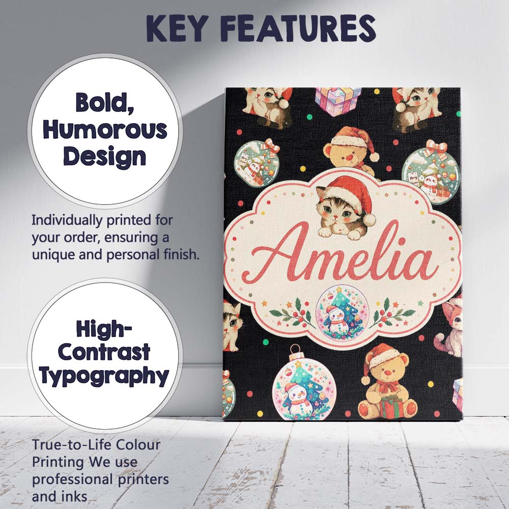 Personalised Name Cute Christmas Cats Teddy Custom  Bespoke Interior Contemporary Canvas Wall Art Print Decor Picture Ready to Hang