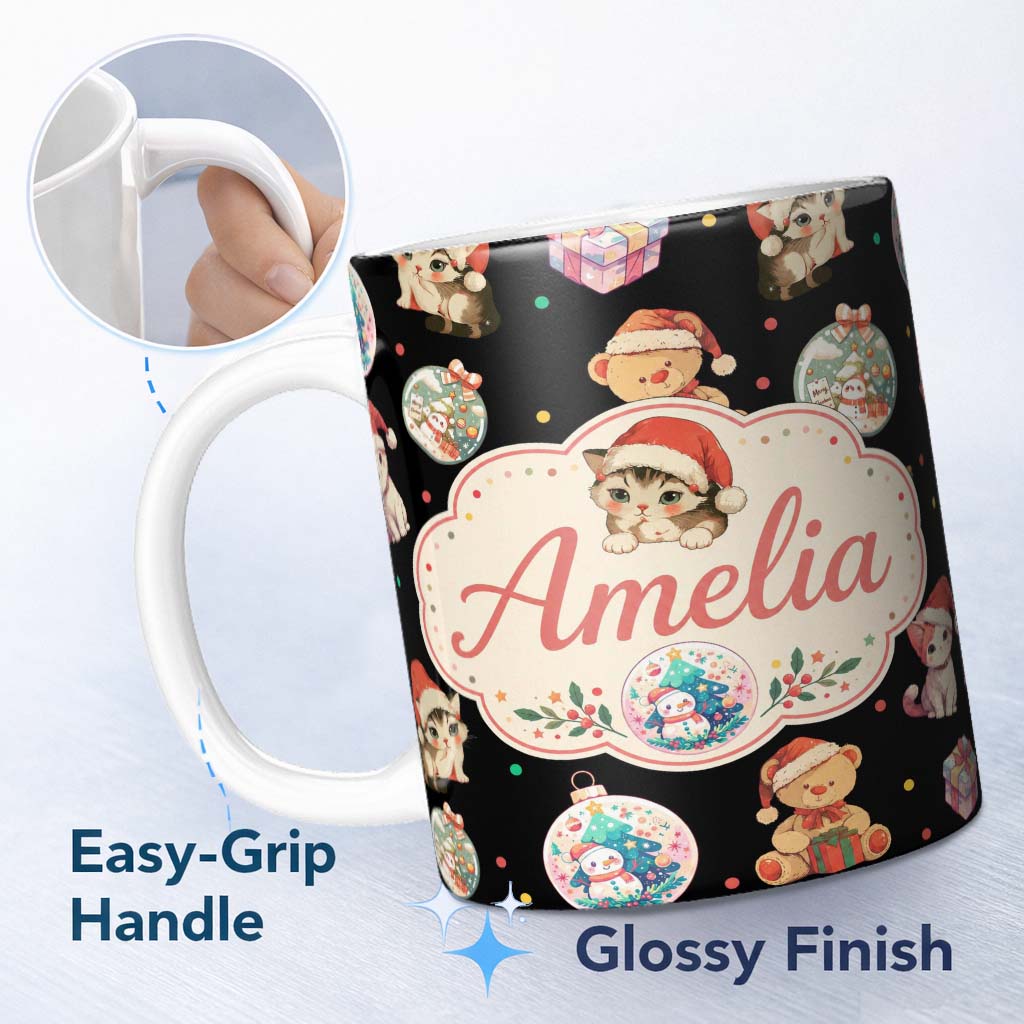 Personalized Custom Name Cute Christmas Cats Teddy Gift Seamless Pattern Custom Name Unique 11oz Ceramic Coffee Tea Mug White Large Handle