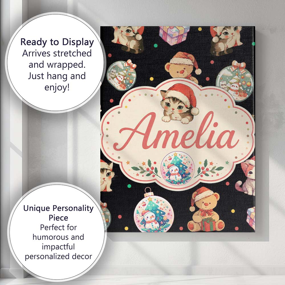 Personalised Name Cute Christmas Cats Teddy Custom  Bespoke Interior Contemporary Canvas Wall Art Print Decor Picture Ready to Hang