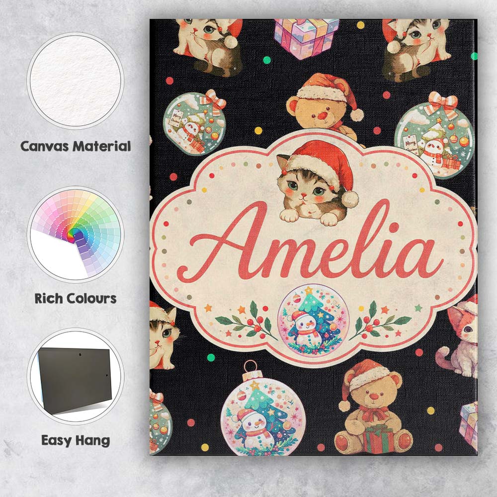 Personalised Name Cute Christmas Cats Teddy Custom  Bespoke Interior Contemporary Canvas Wall Art Print Decor Picture Ready to Hang