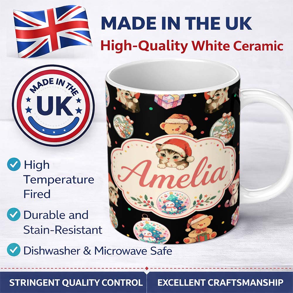 Personalized Custom Name Cute Christmas Cats Teddy Gift Seamless Pattern Custom Name Unique 11oz Ceramic Coffee Tea Mug White Large Handle