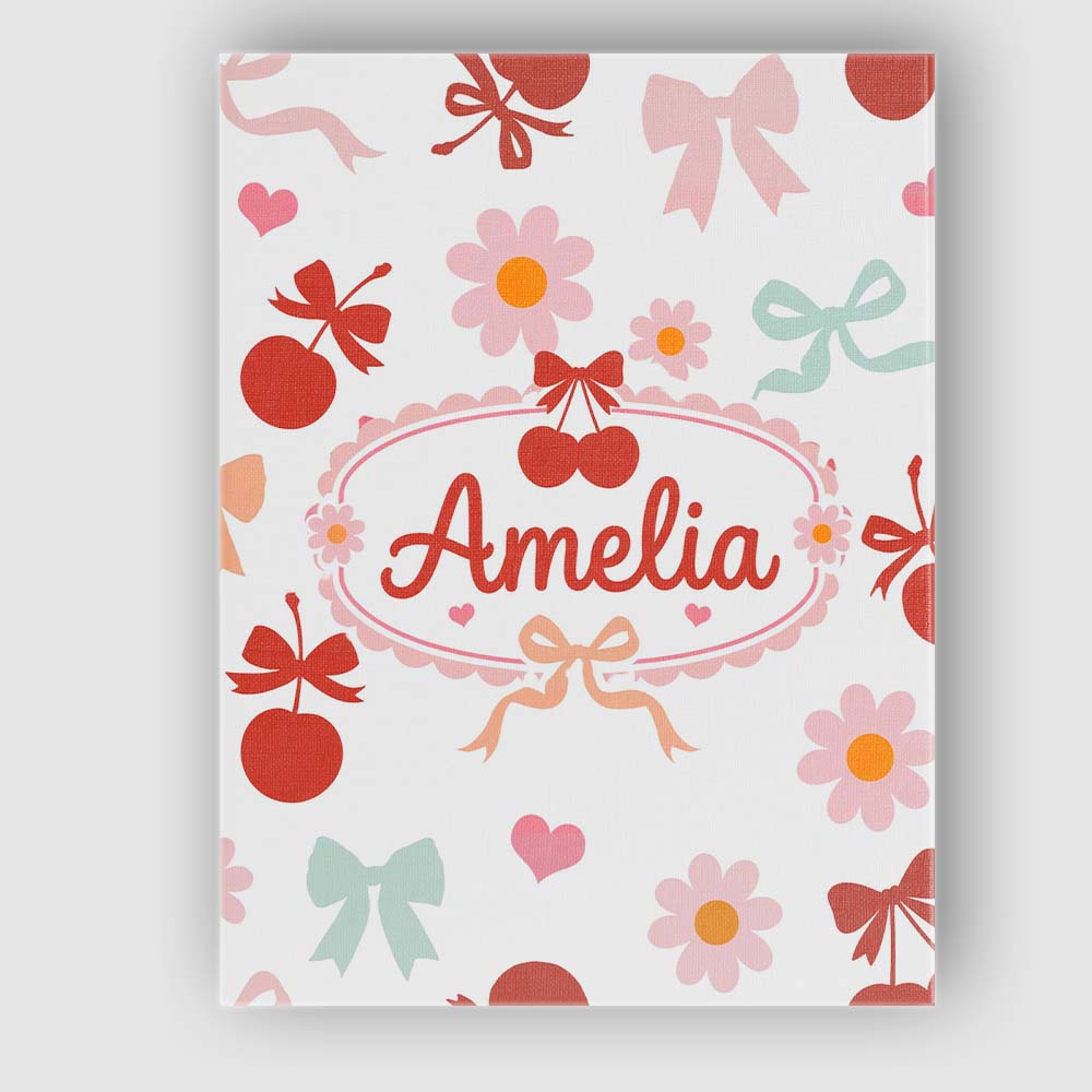 Personalised Name Cute Cherry Bow Daisy Heart Seamless Pattern on Custom  Bespoke Canvas Wall Art Print Decor Picture Ready to Hang