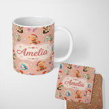 Personalized Custom Name Cute Christmas Cats Teddy Pink Background Seamless Pattern Name 11oz Ceramic Coffee Tea Mug White Large Handle