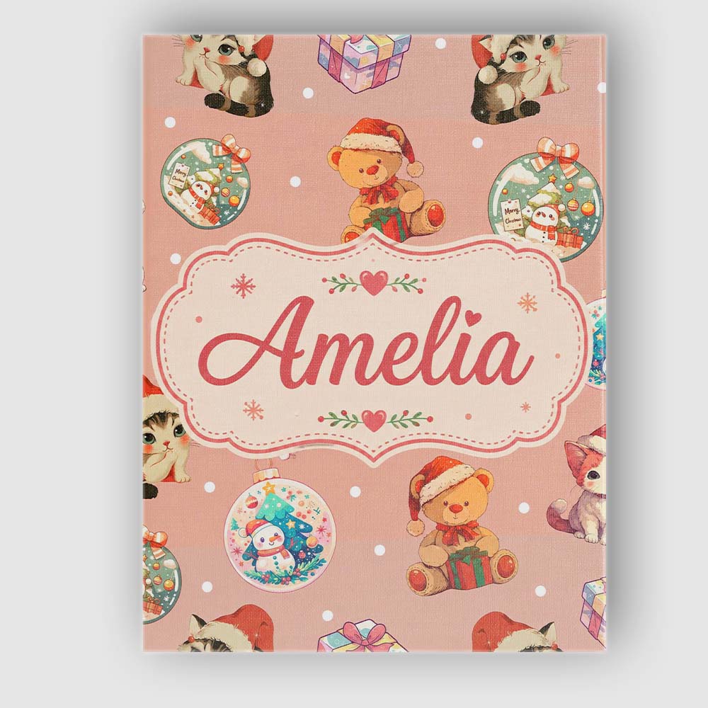 Personalised Name Cute Christmas Cats Teddy Custom  Bespoke Interior Contemporary Canvas Wall Art Print Decor Picture Ready to Hang