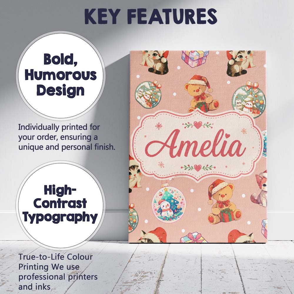 Personalised Name Cute Christmas Cats Teddy Custom  Bespoke Interior Contemporary Canvas Wall Art Print Decor Picture Ready to Hang