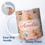 Personalized Custom Name Cute Christmas Cats Teddy Pink Background Seamless Pattern Name 11oz Ceramic Coffee Tea Mug White Large Handle