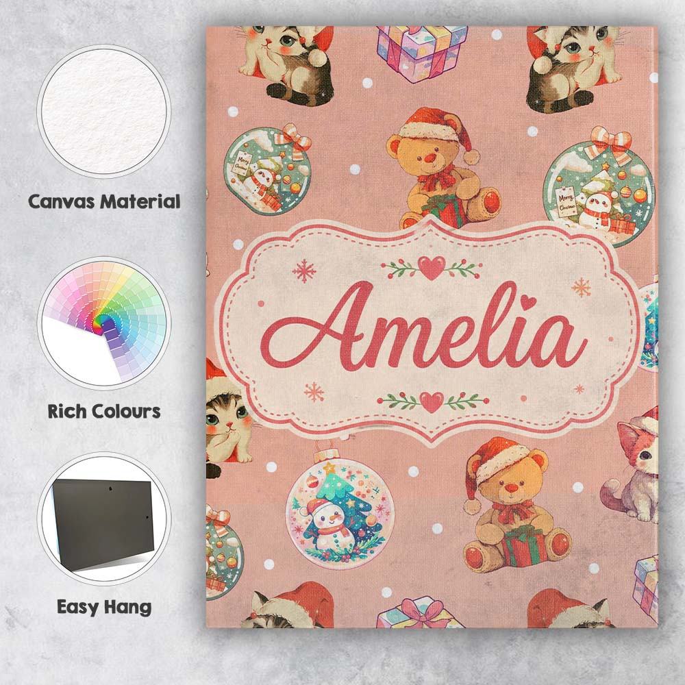 Personalised Name Cute Christmas Cats Teddy Custom  Bespoke Interior Contemporary Canvas Wall Art Print Decor Picture Ready to Hang
