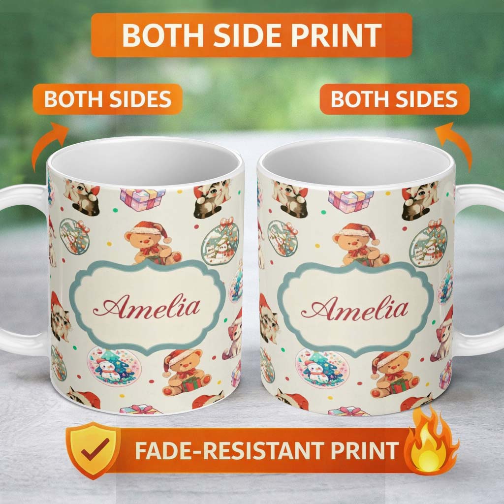 Personalized Custom Name Cute Christmas Cats Teddy Cream Background Seamless Pattern Name 11oz Ceramic Coffee Tea Mug White Large Handle