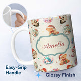 Personalized Custom Name Cute Christmas Cats Teddy Cream Background Seamless Pattern Name 11oz Ceramic Coffee Tea Mug White Large Handle