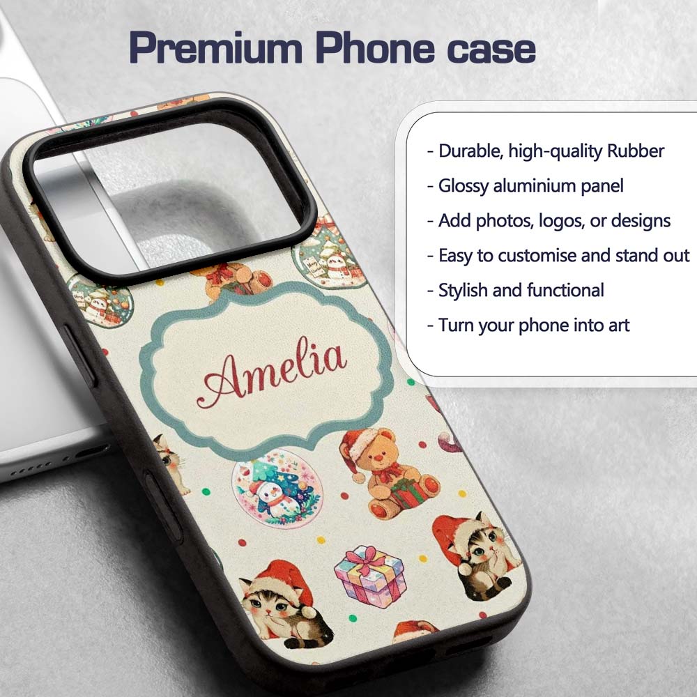 Cute Christmas Cats Teddy Cream Printed Design Custom Name Protective Phone Case Mobile Cover Durable Everyday Smartphone Shock Resistant