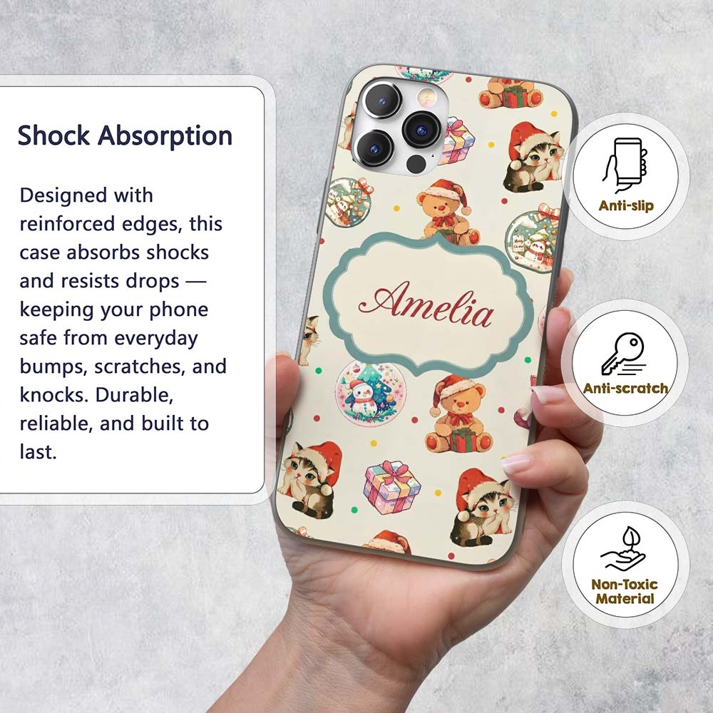 Cute Christmas Cats Teddy Cream Printed Design Custom Name Protective Phone Case Mobile Cover Durable Everyday Smartphone Shock Resistant