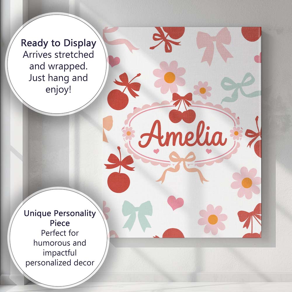 Personalised Name Cute Cherry Bow Daisy Heart Seamless Pattern on Custom  Bespoke Canvas Wall Art Print Decor Picture Ready to Hang