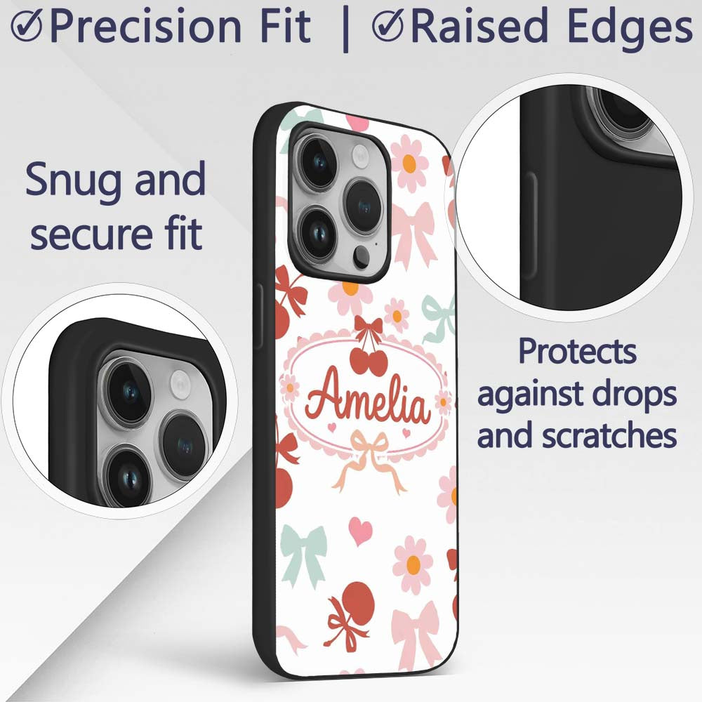 Cute Cherry Bow Daisy Heart Seamless Pattern on Custom Name Protective Phone Case Mobile Cover Durable Everyday Smartphone Shock Resistant