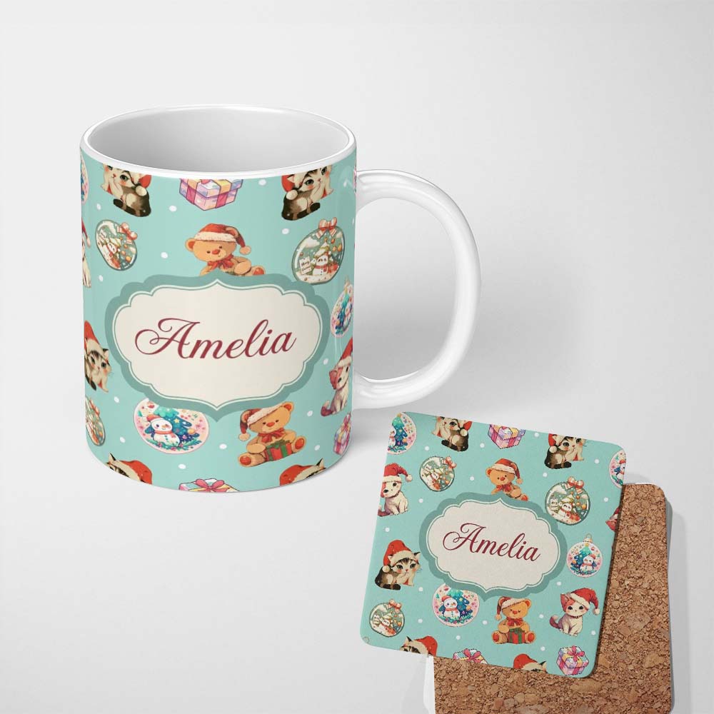 Personalized Custom Name Cute Christmas Cats Teddy Gift Baubles Seamless Pattern Custom Name 11oz Ceramic Coffee Tea Mug White Large Handle