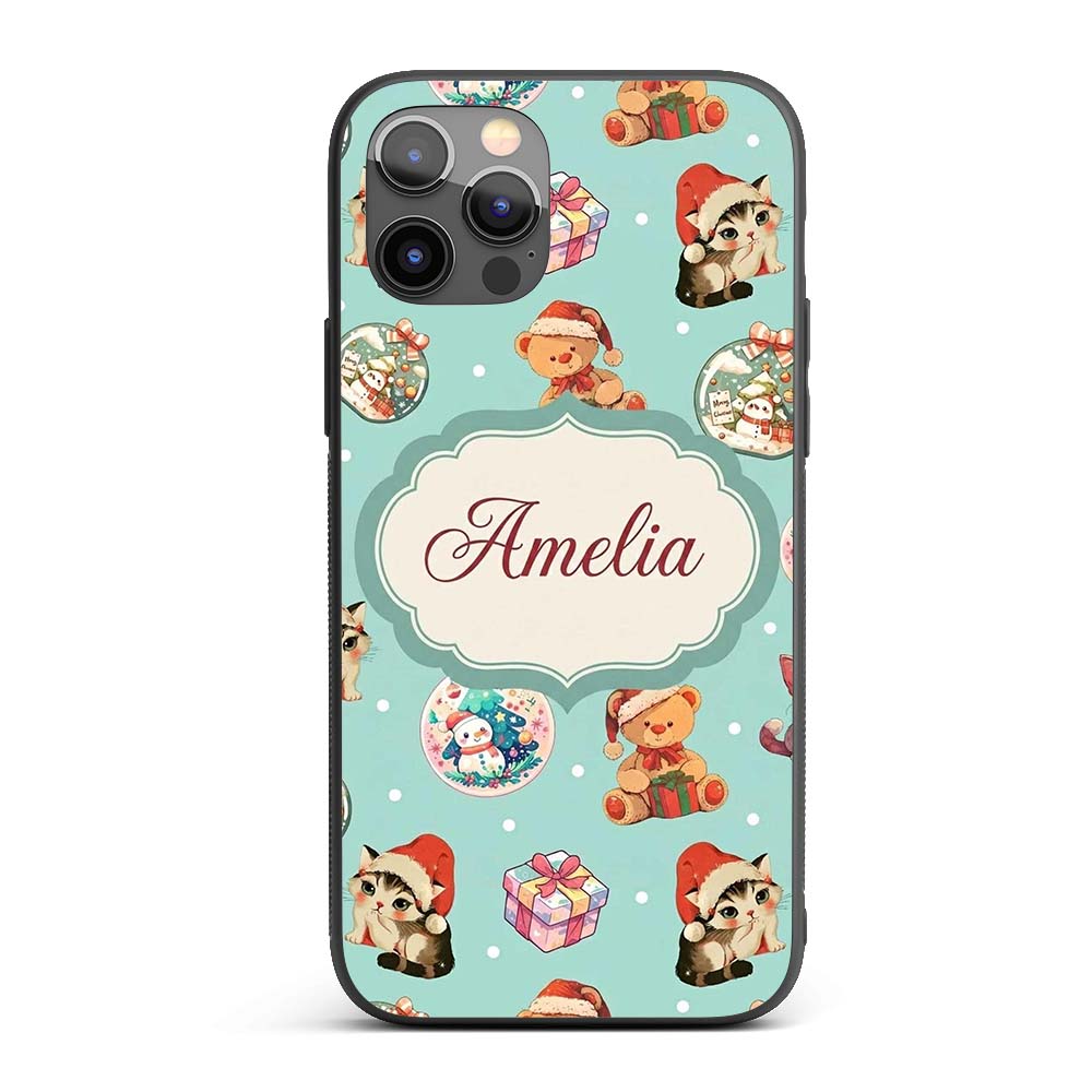 Cute Christmas Cats Teddy Gift Baubles Seamless Custom Name Protective Phone Case Mobile Cover Durable Everyday Smartphone Shock Resistant