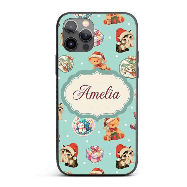 Cute Christmas Cats Teddy Gift Baubles Seamless Custom Name Protective Phone Case Mobile Cover Durable Everyday Smartphone Shock Resistant
