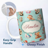 Personalized Custom Name Cute Christmas Cats Teddy Gift Baubles Seamless Pattern Custom Name 11oz Ceramic Coffee Tea Mug White Large Handle