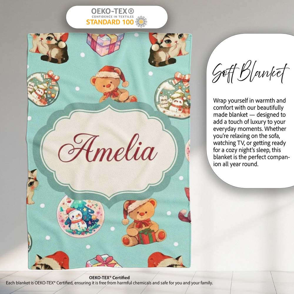 Cute Christmas Cats Teddy Gift Baubles Seamless Pattern   Personalised Custom Name Super Soft Fleece Blanket Bed Sofa Throw