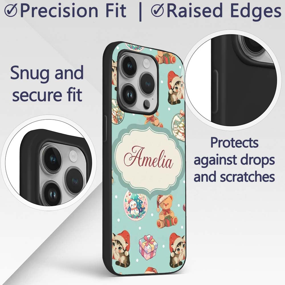 Cute Christmas Cats Teddy Gift Baubles Seamless Custom Name Protective Phone Case Mobile Cover Durable Everyday Smartphone Shock Resistant
