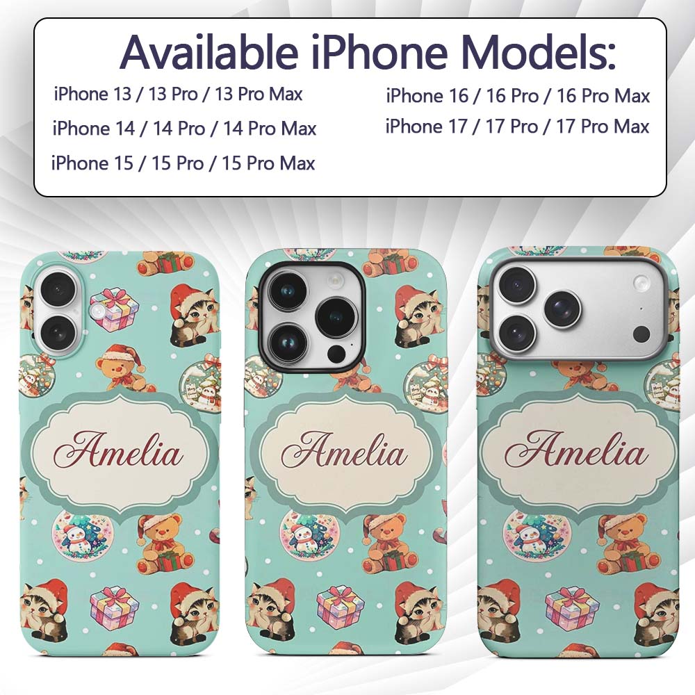 Cute Christmas Cats Teddy Gift Baubles Seamless Custom Name Protective Phone Case Mobile Cover Durable Everyday Smartphone Shock Resistant