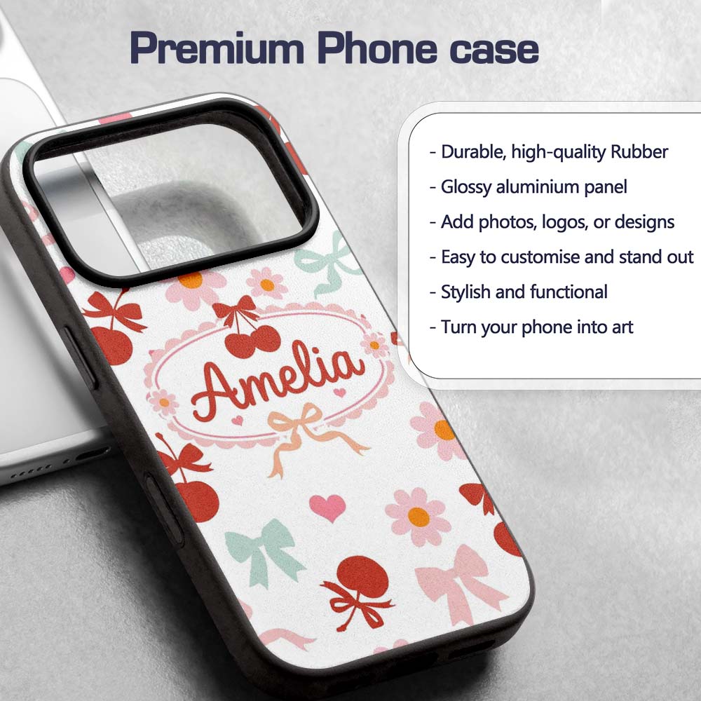 Cute Cherry Bow Daisy Heart Seamless Pattern on Custom Name Protective Phone Case Mobile Cover Durable Everyday Smartphone Shock Resistant