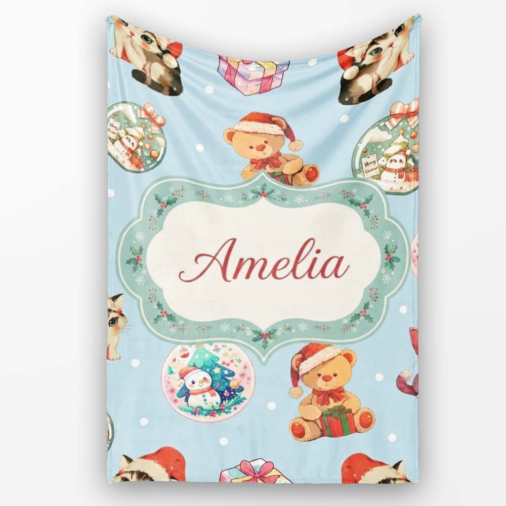 Cute Christmas Cats Teddy Blue Background Seamless Pattern Name  Personalised Custom Name Super Soft Fleece Blanket Bed Sofa Throw