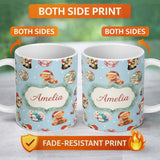 Personalized Custom Name Cute Christmas Cats Teddy Blue Background Seamless Pattern Name 11oz Ceramic Coffee Tea Mug White Large Handle