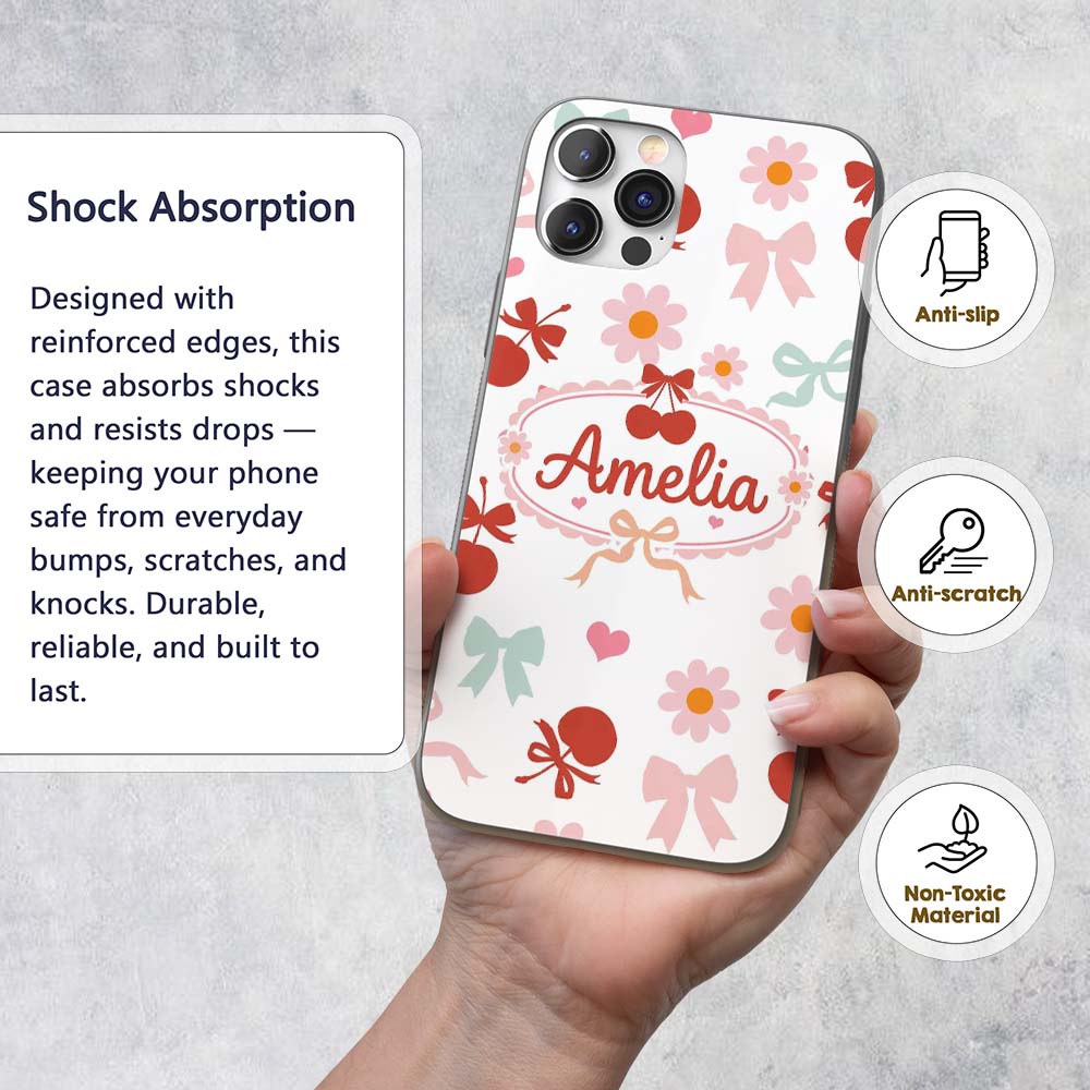 Cute Cherry Bow Daisy Heart Seamless Pattern on Custom Name Protective Phone Case Mobile Cover Durable Everyday Smartphone Shock Resistant