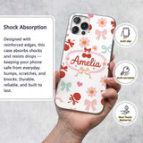 Cute Cherry Bow Daisy Heart Seamless Pattern on Custom Name Protective Phone Case Mobile Cover Durable Everyday Smartphone Shock Resistant