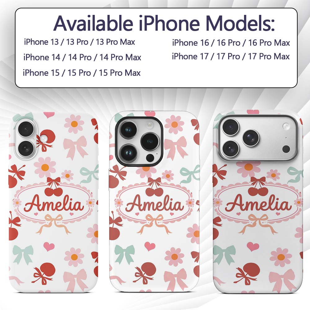 Cute Cherry Bow Daisy Heart Seamless Pattern on Custom Name Protective Phone Case Mobile Cover Durable Everyday Smartphone Shock Resistant