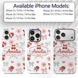 Cute Cherry Bow Daisy Heart Seamless Pattern on Custom Name Protective Phone Case Mobile Cover Durable Everyday Smartphone Shock Resistant