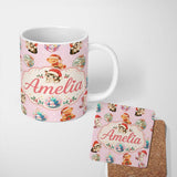 Personalized Custom Name Cute Christmas Cats Teddy Pink Background Seamless Pattern Name 11oz Ceramic Coffee Tea Mug White Large Handle