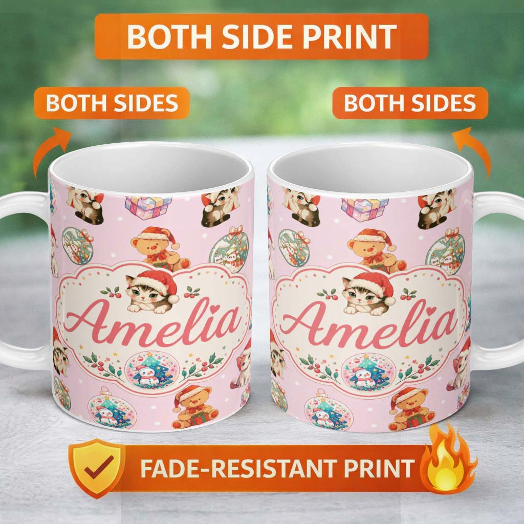 Personalized Custom Name Cute Christmas Cats Teddy Pink Background Seamless Pattern Name 11oz Ceramic Coffee Tea Mug White Large Handle