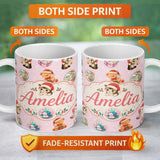 Personalized Custom Name Cute Christmas Cats Teddy Pink Background Seamless Pattern Name 11oz Ceramic Coffee Tea Mug White Large Handle