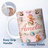 Personalized Custom Name Cute Christmas Cats Teddy Pink Background Seamless Pattern Name 11oz Ceramic Coffee Tea Mug White Large Handle