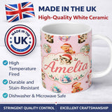 Personalized Custom Name Cute Christmas Cats Teddy Pink Background Seamless Pattern Name 11oz Ceramic Coffee Tea Mug White Large Handle