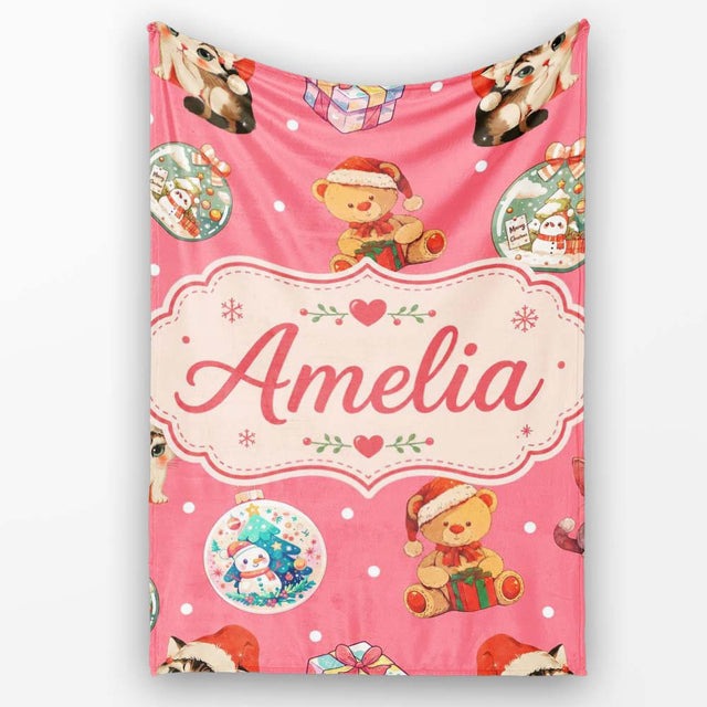 Cute Christmas Cats Teddy Red Background Seamless Pattern Name  Personalised Custom Name Super Soft Fleece Blanket Bed Sofa Throw