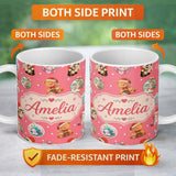 Personalized Custom Name Cute Christmas Cats Teddy Red Background Seamless Pattern Name 11oz Ceramic Coffee Tea Mug White Large Handle