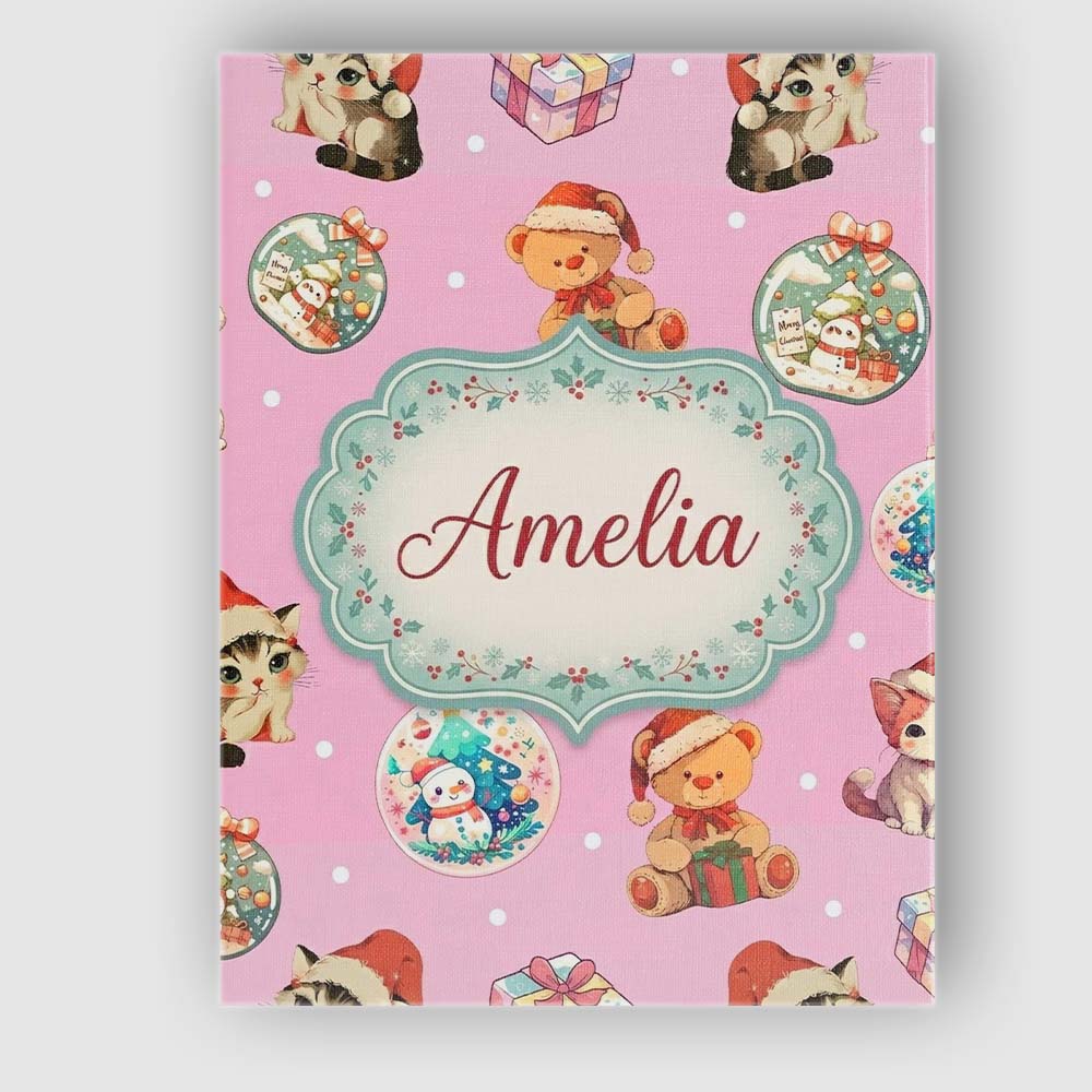 Personalised Name Cute Christmas Cats Teddy Custom  Bespoke Interior Contemporary Canvas Wall Art Print Decor Picture Ready to Hang