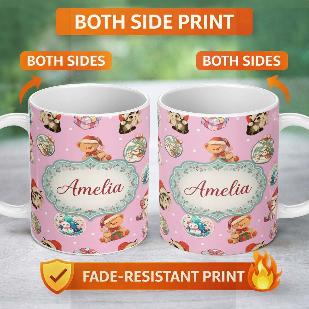 Personalized Custom Name Cute Christmas Cats Teddy Soft Pink Seamless Pattern Name Unique 11oz Ceramic Coffee Tea Mug White Large Handle