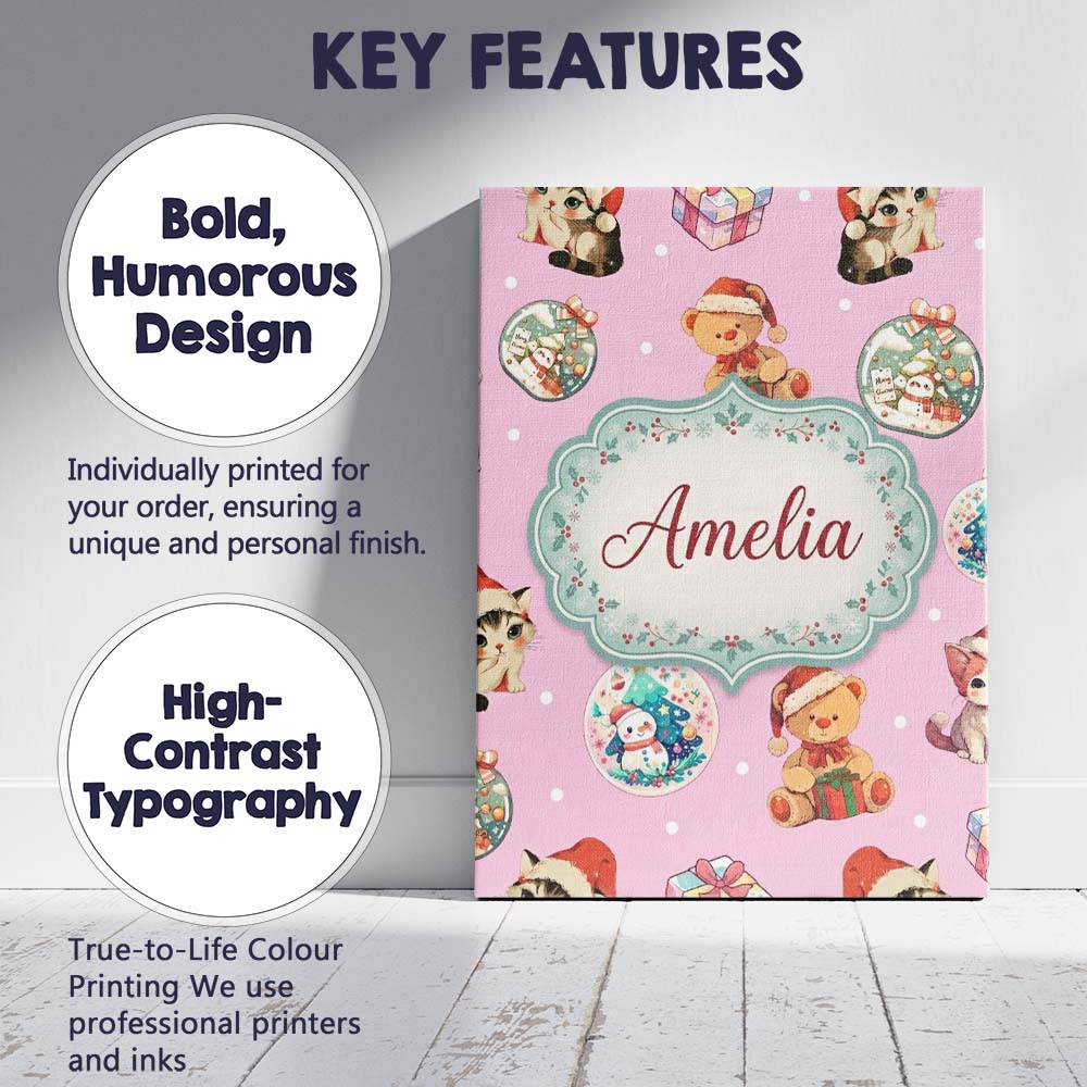 Personalised Name Cute Christmas Cats Teddy Custom  Bespoke Interior Contemporary Canvas Wall Art Print Decor Picture Ready to Hang