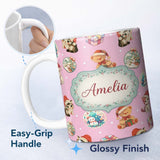 Personalized Custom Name Cute Christmas Cats Teddy Soft Pink Seamless Pattern Name Unique 11oz Ceramic Coffee Tea Mug White Large Handle