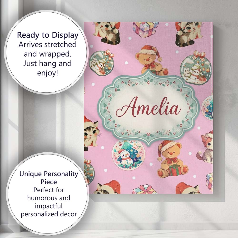 Personalised Name Cute Christmas Cats Teddy Custom  Bespoke Interior Contemporary Canvas Wall Art Print Decor Picture Ready to Hang