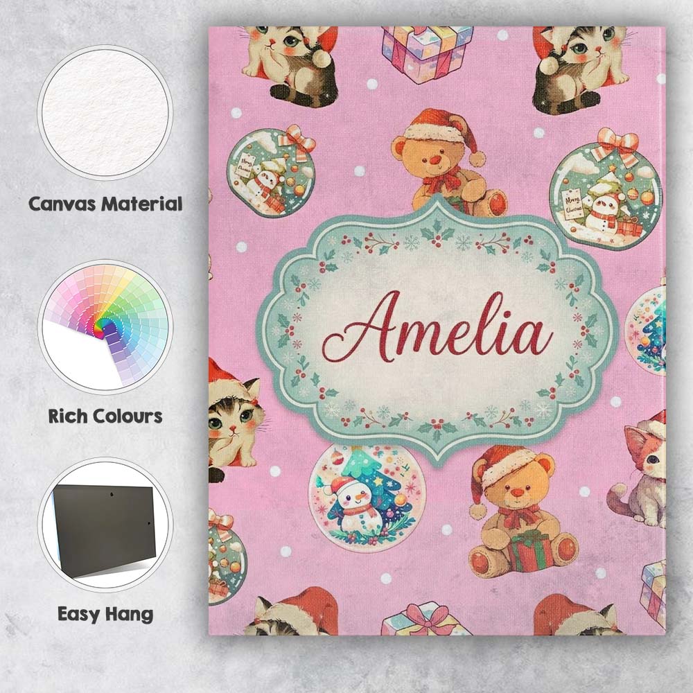 Personalised Name Cute Christmas Cats Teddy Custom  Bespoke Interior Contemporary Canvas Wall Art Print Decor Picture Ready to Hang