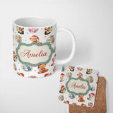 Personalized Custom Name Cute Christmas Cats Teddy Grey Background Seamless Pattern Name 11oz Ceramic Coffee Tea Mug White Large Handle