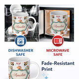 Personalized Custom Name Cute Christmas Cats Teddy Grey Background Seamless Pattern Name 11oz Ceramic Coffee Tea Mug White Large Handle