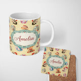 Personalized Custom Name Cute Christmas Cats Teddy Yellow Background Seamless Pattern Name 11oz Ceramic Coffee Tea Mug White Large Handle